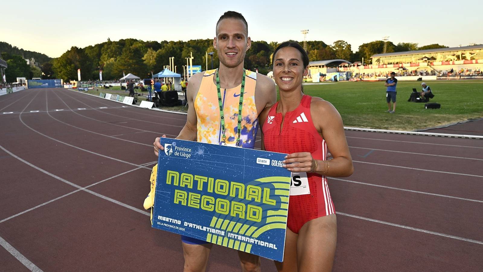 Belgian Eliott Crestan and Belgian Camille Laus pictured during the 2026 edition of the 'Meeting International d'Athletisme de la Province de Liege' athletics event in Liege, Wednesday 15 July 2026. 
BELGA PHOTO ERIC LALMAND